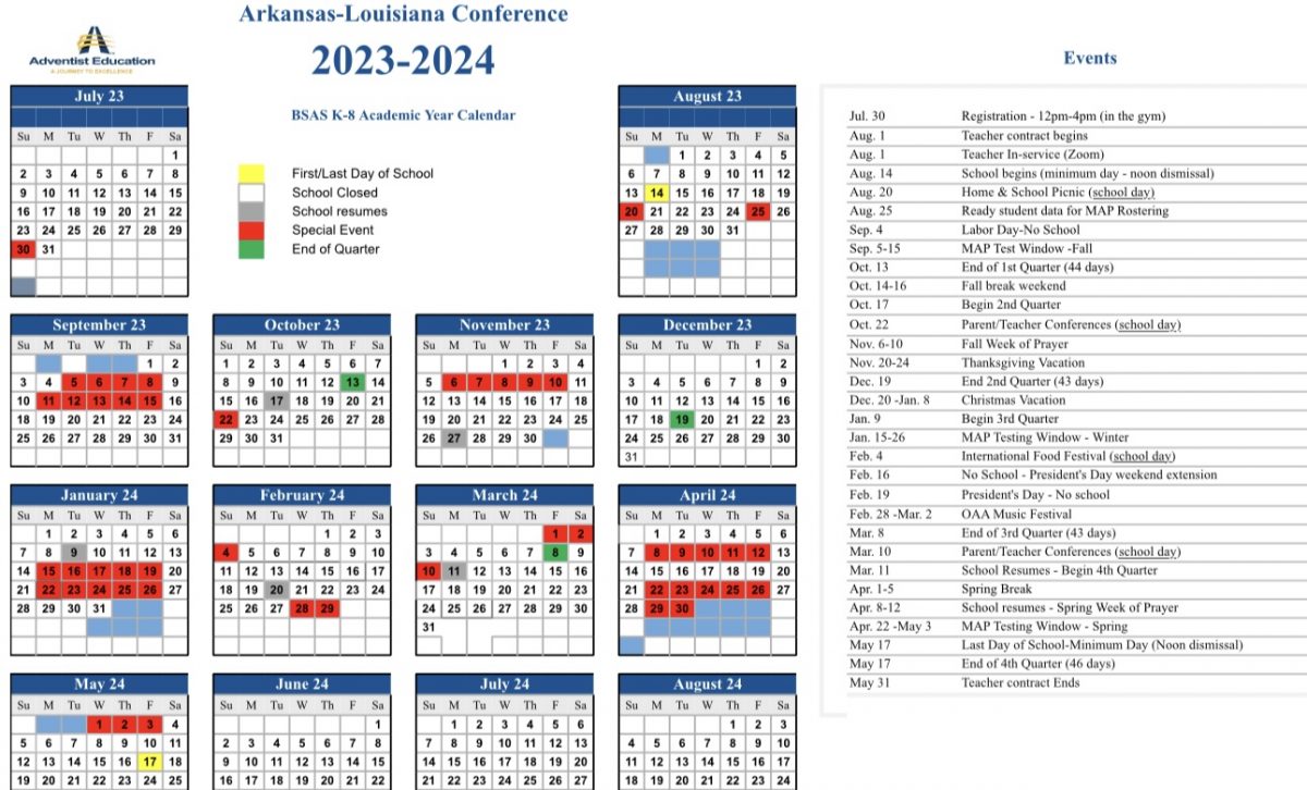 20232024 School Calendar Bentonville Seventhday Adventist® School
